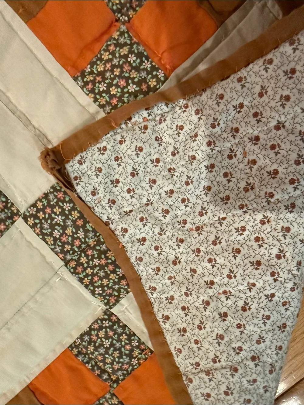 VTG Handmade Appalachian Granny Patchwork Quilt Cream, Orange & Brown 85 x 75